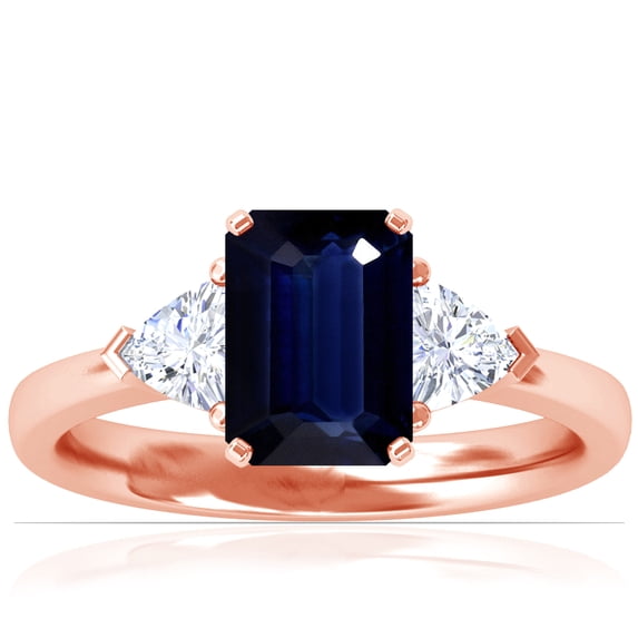 GemsNY September Birthstone - Classic Emerald Cut Blue Sapphire Three Stone Ring with Trillion Cut Side Diamonds For Women (Grade - AA | 2.25cttw)