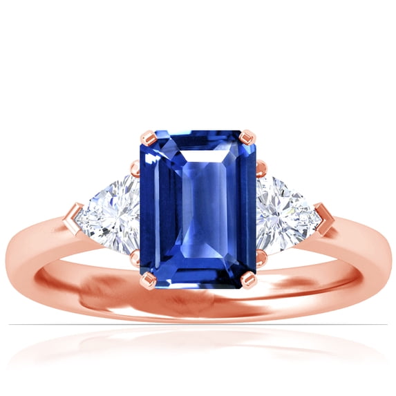 GemsNY September Birthstone - Classic Emerald Cut Blue Sapphire Three Stone Ring with Trillion Cut Side Diamonds For Women (Grade - AAA | 2.25cttw)