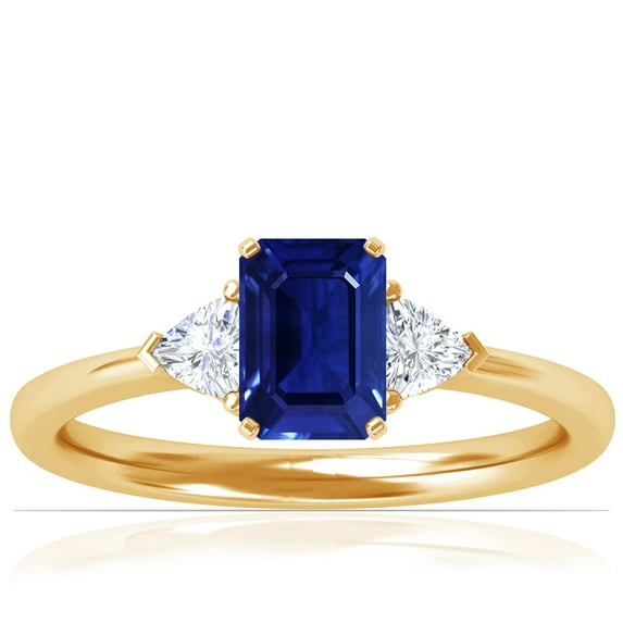GemsNY September Birthstone - Classic Emerald Cut Blue Sapphire Three Stone Ring with Trillion Cut Side Diamonds For Women (Grade - AAAA | 0.94cttw)