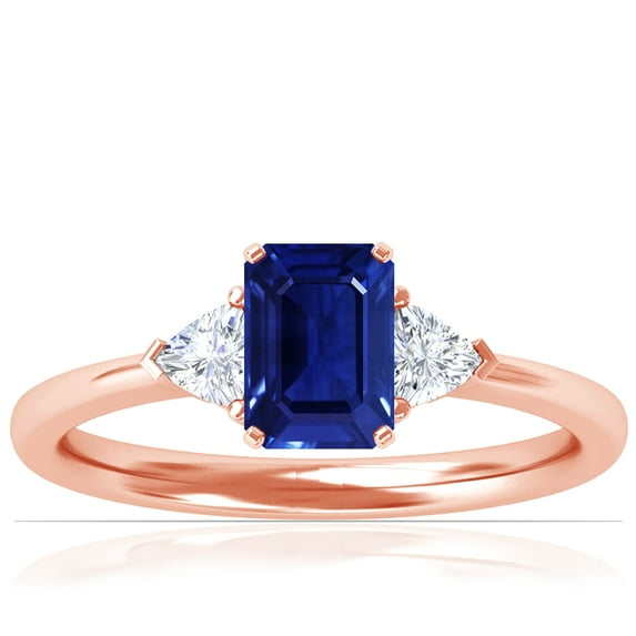 GemsNY September Birthstone - Classic Emerald Cut Blue Sapphire Three Stone Ring with Trillion Cut Side Diamonds For Women (Grade - AAAA | 0.94cttw)