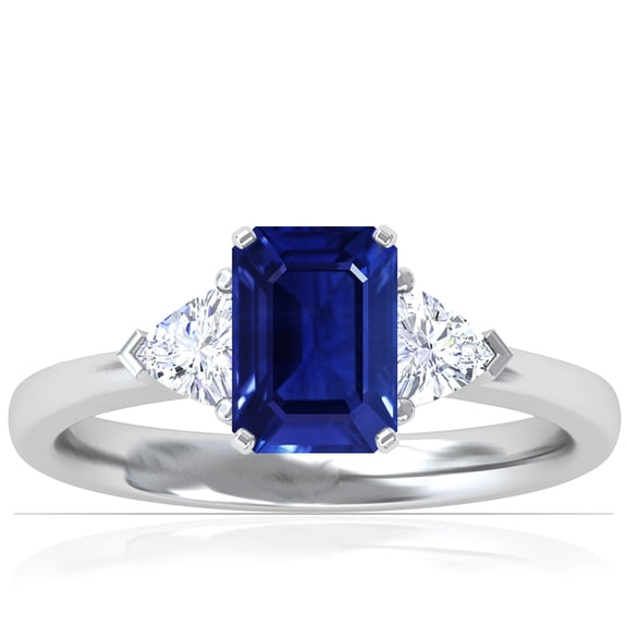 GemsNY September Birthstone - Classic Emerald Cut Blue Sapphire Three Stone Ring with Trillion Cut Side Diamonds For Women (Grade - AAAA | 1.34cttw)