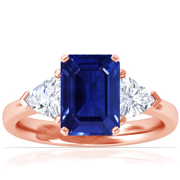 GemsNY September Birthstone - Classic Emerald Cut Blue Sapphire Three Stone Ring with Trillion Cut Side Diamonds For Women (Grade - AAAA | 3.5cttw)