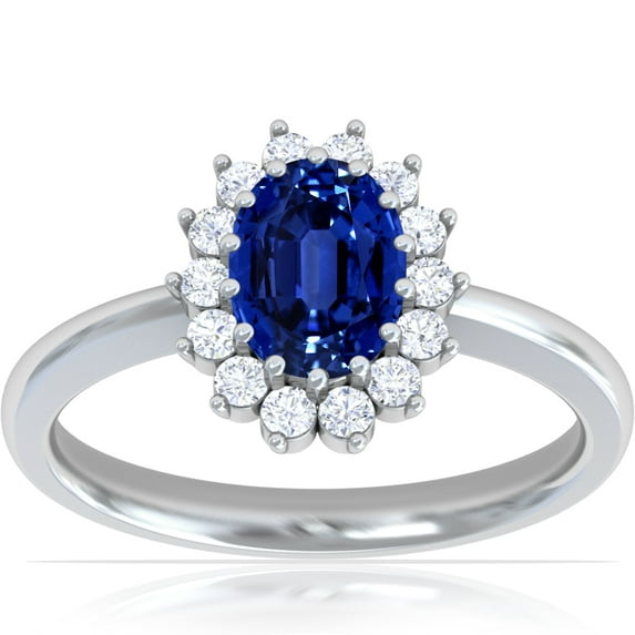 GemsNY September Birthstone - Classic Princess Diana Replica Oval Sapphire Halo Ring (Grade - AAAA | 1.28cttw)