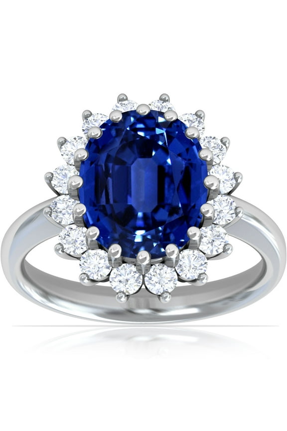 September Birthstone - Classic Princess Diana Replica Oval Untreated Blue Sapphire Halo Ring For Women For Women (Grade - AAAAA | 3.99cttw)