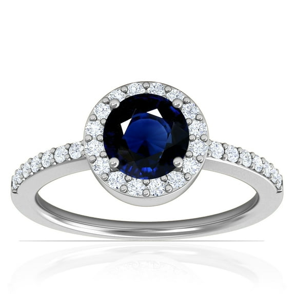 GemsNY September Birthstone - Classic Round Blue Sapphire Halo Ring with Prong Set Diamonds For Women (Grade - AA | 1.35cttw)