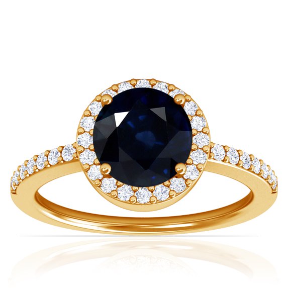 GemsNY September Birthstone - Classic Round Blue Sapphire Halo Ring with Prong Set Diamonds (Grade - A | 1.85cttw)