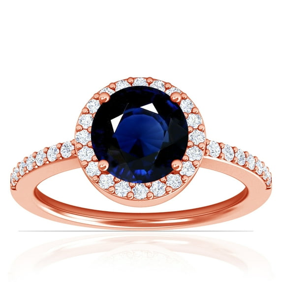 GemsNY September Birthstone - Classic Round Blue Sapphire Halo Ring with Prong Set Diamonds (Grade - AA | 1.85cttw)