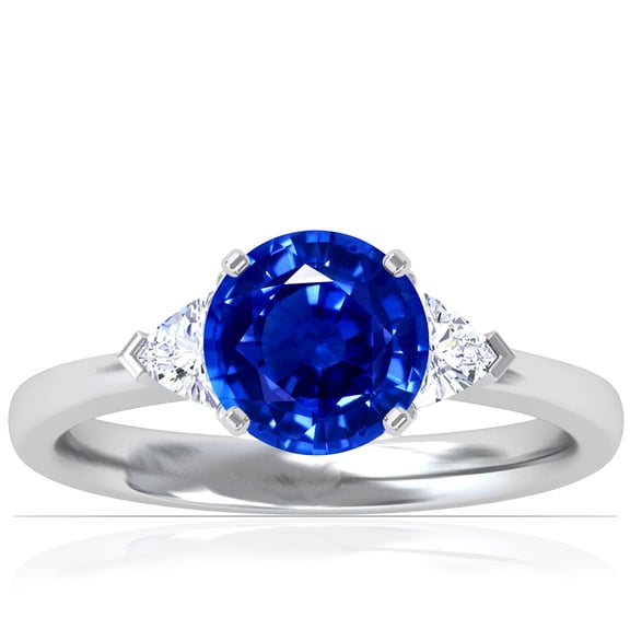 GemsNY September Birthstone - Classic Round Blue Sapphire Three Stone Ring with Trillion Cut Side Diamonds For Women (Grade - AAAA | 1.29cttw)