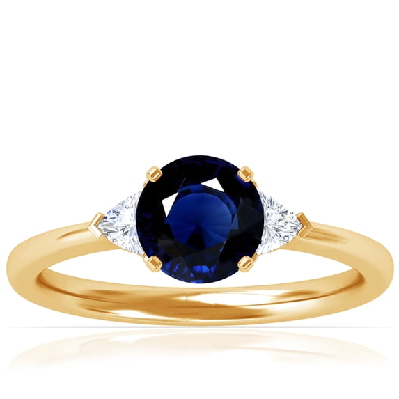 GemsNY September Birthstone - Classic Round Blue Sapphire Three Stone Ring with Trillion Cut Side Diamonds (Grade - AA | 0.89cttw)