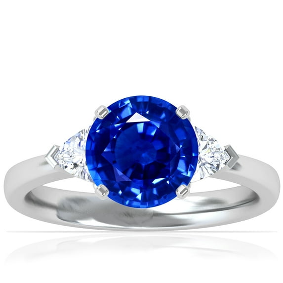 GemsNY September Birthstone - Classic Round Untreated Blue Sapphire Three Stone Ring with Trillion Cut Side Diamonds For Women (Grade - AAAAA | 2.05cttw)