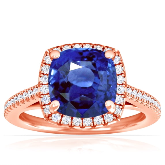 GemsNY September Birthstone - Classic Square Cushion Blue Sapphire Halo Ring with Pave Set Diamonds (Grade - AAA | 2.14cttw)