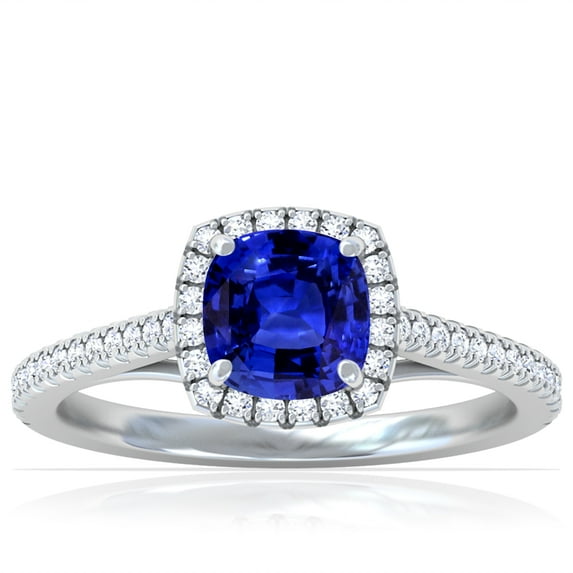 GemsNY September Birthstone - Classic Square Cushion Blue Sapphire Halo Ring with Pave Set Diamonds (Grade - AAAA | 1.01cttw)