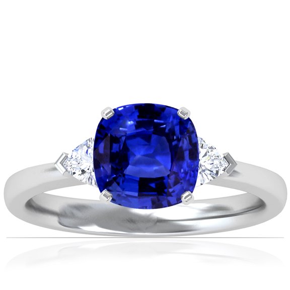 GemsNY September Birthstone - Classic Square Cushion Blue Sapphire Three Stone Ring with Trillion Cut Side Diamonds For Women (Grade - AAAA | 2.25cttw)