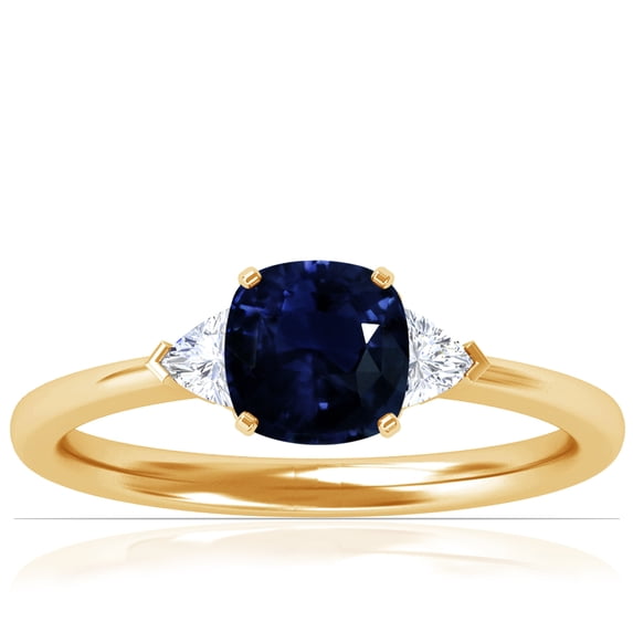 GemsNY September Birthstone - Classic Square Cushion Blue Sapphire Three Stone Ring with Trillion Cut Side Diamonds For Women (Grade - AA | 0.89cttw)