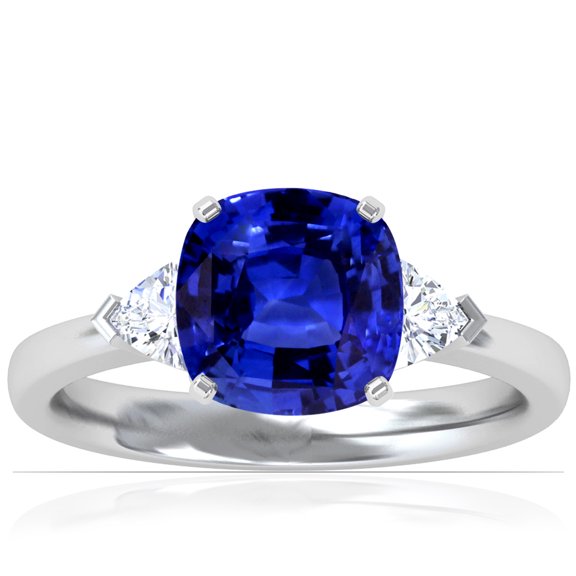 GemsNY September Birthstone - Classic Square Cushion Untreated Blue Sapphire Three Stone Ring with Trillion Cut Side Diamonds For Women (Grade - AAAAA | 3.05cttw)