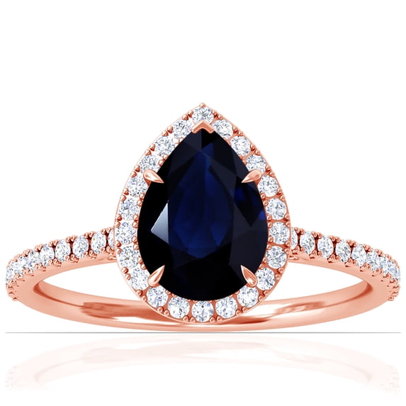 GemsNY September Birthstone - Dainty Pear Shape Blue Sapphire Halo Ring with Pave Set Diamonds (Grade - A | 2.35cttw)