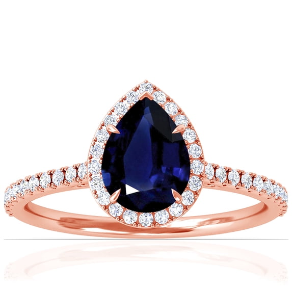 GemsNY September Birthstone - Dainty Pear Shape Blue Sapphire Halo Ring with Pave Set Diamonds (Grade - AA | 1.60cttw)