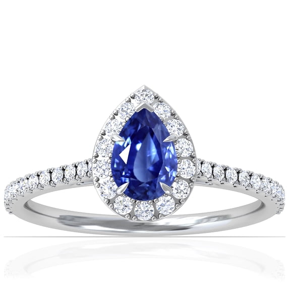 GemsNY September Birthstone - Dainty Pear Shape Blue Sapphire Halo Ring with Pave Set Diamonds (Grade - AAA | 0.83cttw)