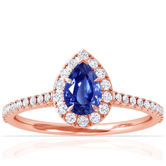 GemsNY September Birthstone - Dainty Pear Shape Blue Sapphire Halo Ring with Pave Set Diamonds (Grade - AAA | 1.18cttw)