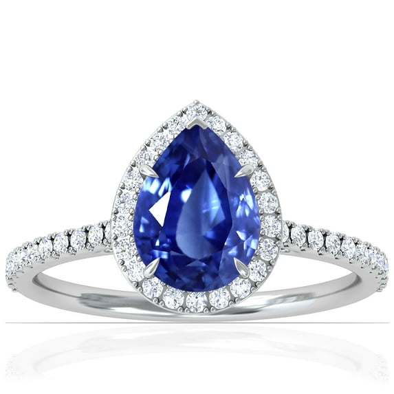 GemsNY September Birthstone - Dainty Pear Shape Blue Sapphire Halo Ring with Pave Set Diamonds (Grade - AAA | 2.35cttw)