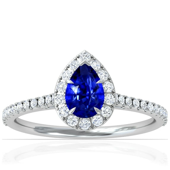 GemsNY September Birthstone - Dainty Pear Shape Untreated Blue Sapphire Halo Ring with Pave Set Diamonds For Women (Grade - AAAAA | 1.18cttw)