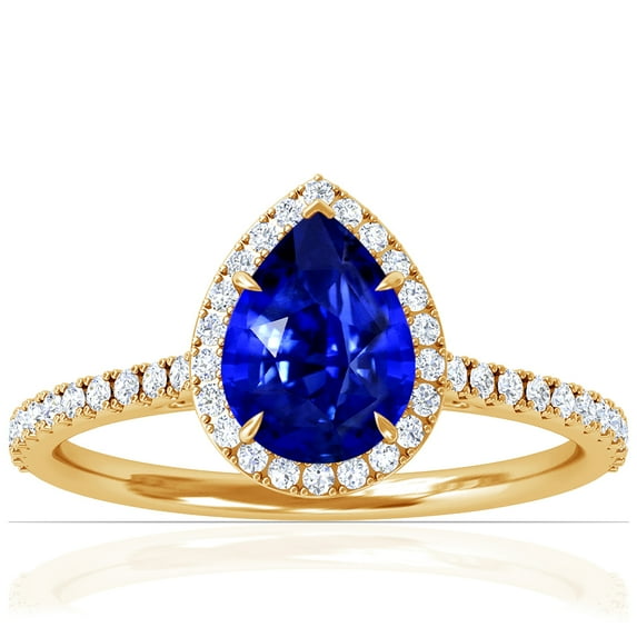 GemsNY September Birthstone - Dainty Pear Shape Untreated Blue Sapphire Halo Ring with Pave Set Diamonds For Women (Grade - AAAAA | 1.60cttw)