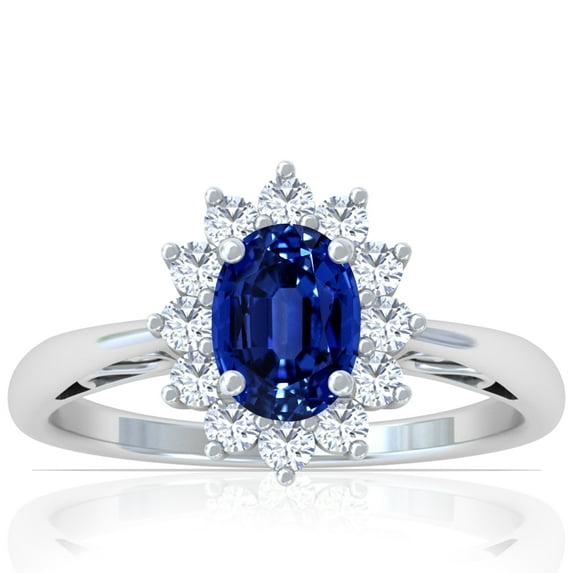 GemsNY September Birthstone - Four Prong Princess Diana Inspired Oval Sapphire Halo Ring For Women (Grade - AAAA | 1.48cttw)