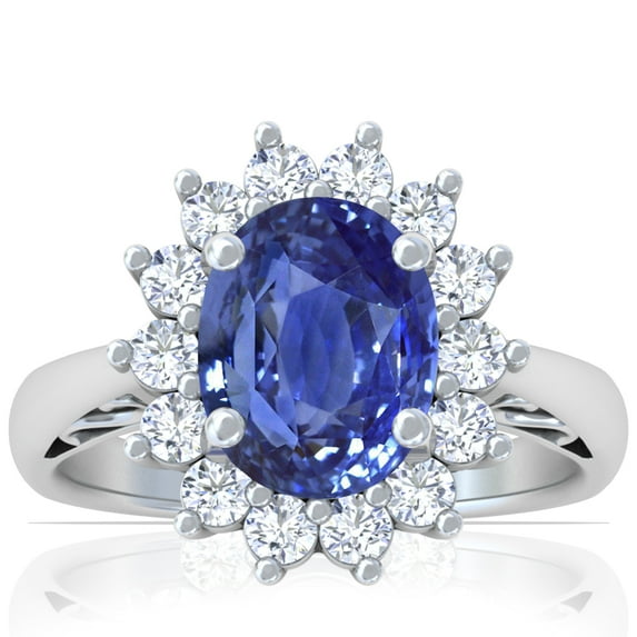 GemsNY September Birthstone - Four Prong Princess Diana Inspired Oval Sapphire Halo Ring (Grade - AAA | 4.05cttw)