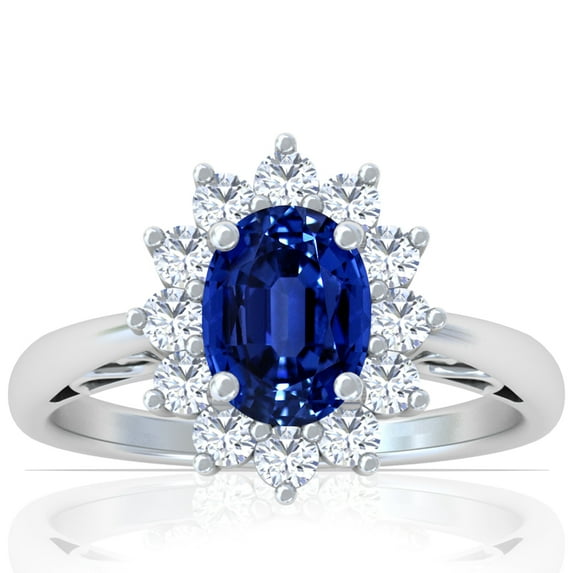 GemsNY September Birthstone - Four Prong Princess Diana Inspired Oval Sapphire Halo Ring (Grade - AAAA | 2.15cttw)