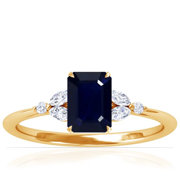 GemsNY September Birthstone - Petite Emerald Cut Blue Sapphire Ring with Round and Marquise Side Diamonds For Women For Women (Grade - A | 1.53cttw)