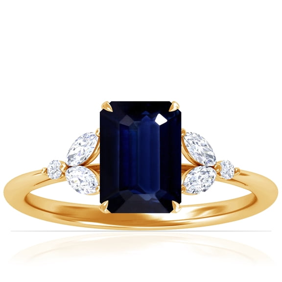 GemsNY September Birthstone - Petite Emerald Cut Blue Sapphire Ring with Round and Marquise Side Diamonds For Women (Grade - AA | 3.43cttw)