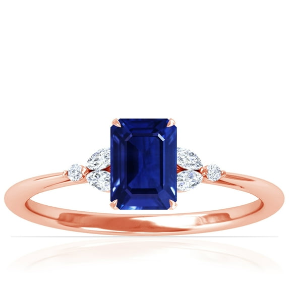GemsNY September Birthstone - Petite Emerald Cut Blue Sapphire Ring with Round and Marquise Side Diamonds For Women (Grade - AAAA | 1.13cttw)