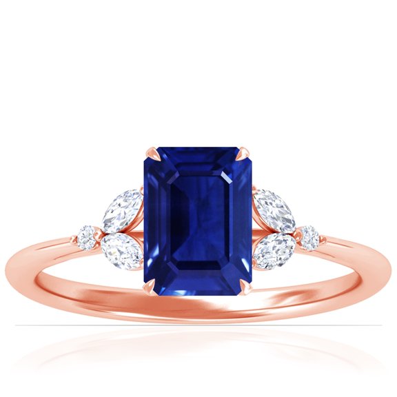 GemsNY September Birthstone - Petite Emerald Cut Blue Sapphire Ring with Round and Marquise Side Diamonds For Women (Grade - AAAA | 2.18cttw)
