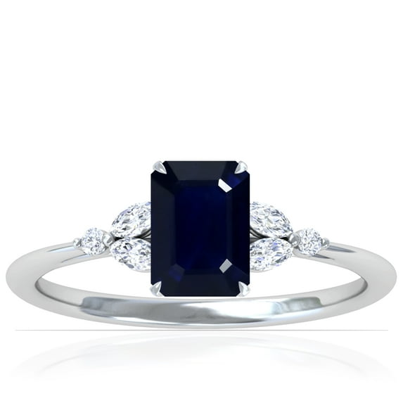 GemsNY September Birthstone - Petite Emerald Cut Blue Sapphire Ring with Round and Marquise Side Diamonds (Grade - A | 1.53cttw)