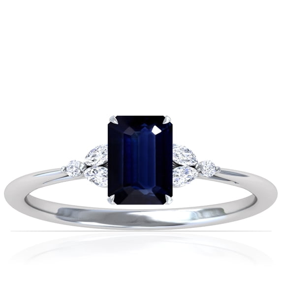 GemsNY September Birthstone - Petite Emerald Cut Blue Sapphire Ring with Round and Marquise Side Diamonds (Grade - AA | 1.13cttw)