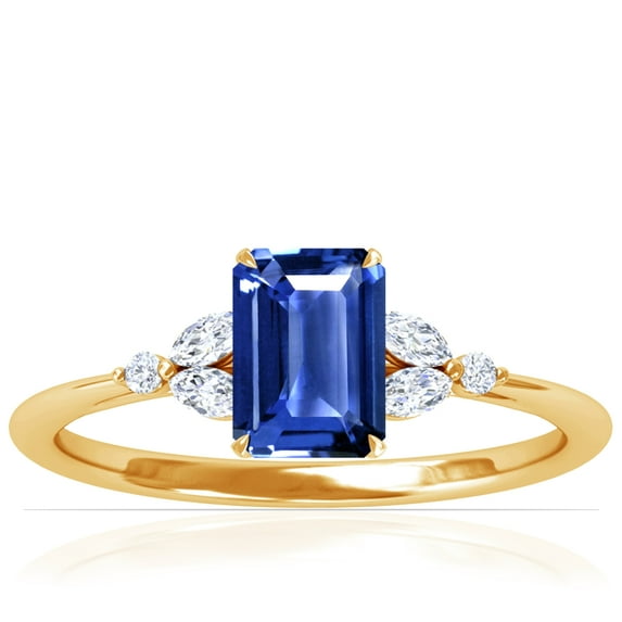 GemsNY September Birthstone - Petite Emerald Cut Blue Sapphire Ring with Round and Marquise Side Diamonds (Grade - AAA | 1.53cttw)