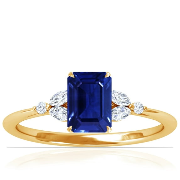 GemsNY September Birthstone - Petite Emerald Cut Blue Sapphire Ring with Round and Marquise Side Diamonds (Grade - AAAA | 1.53cttw)