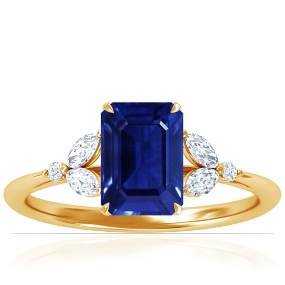 GemsNY September Birthstone - Petite Emerald Cut Untreated Blue Sapphire Ring with Round and Marquise Side Diamonds (Grade - AAAAA | 3.43cttw)