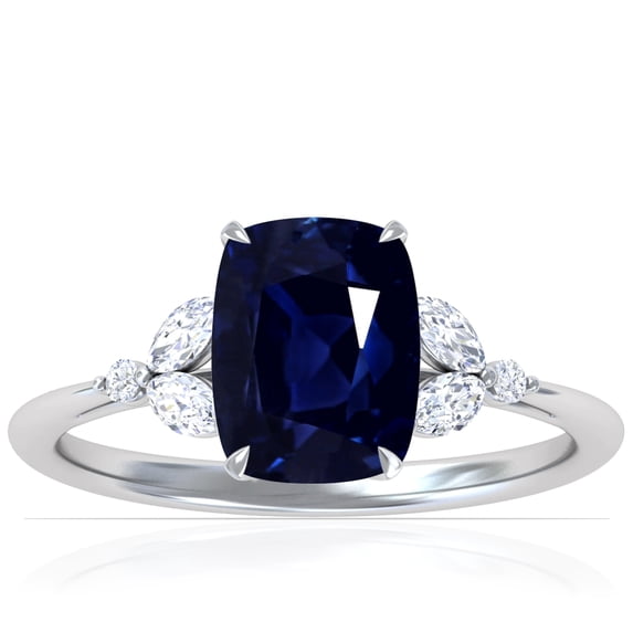 GemsNY September Birthstone - Petite Rectangle Cushion Blue Sapphire Ring with Round and Marquise Side Diamonds For Women (Grade - AA | 2.93cttw)