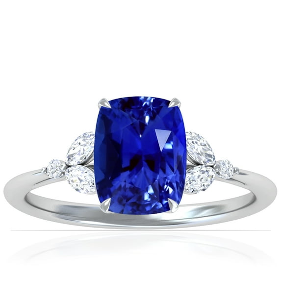 GemsNY September Birthstone - Petite Rectangle Cushion Blue Sapphire Ring with Round and Marquise Side Diamonds For Women (Grade - AAAA | 2.93cttw)