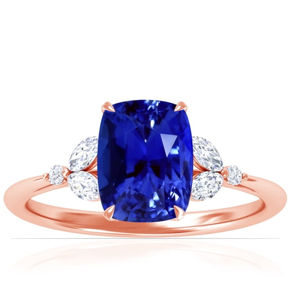 GemsNY September Birthstone - Petite Rectangle Cushion Blue Sapphire Ring with Round and Marquise Side Diamonds For Women (Grade - AAAA | 2.93cttw)