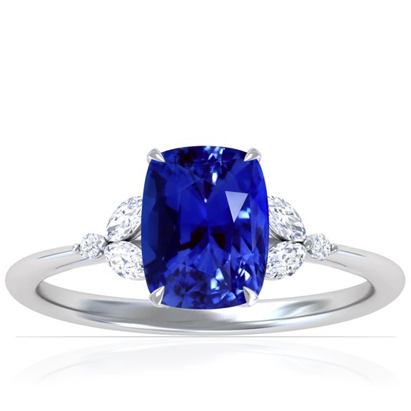 GemsNY September Birthstone - Petite Rectangle Cushion Blue Sapphire Ring with Round and Marquise Side Diamonds (Grade - AAAA | 2.18cttw)