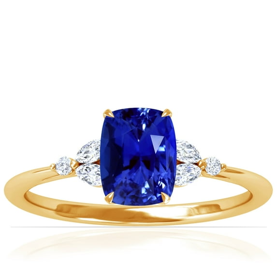 GemsNY September Birthstone - Petite Rectangle Cushion Untreated Blue Sapphire Ring with Round and Marquise Side Diamonds For Women (Grade - AAAAA | 1.53cttw)