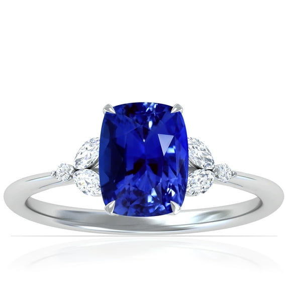 GemsNY September Birthstone - Petite Rectangle Cushion Untreated Blue Sapphire Ring with Round and Marquise Side Diamonds For Women (Grade - AAAAA | 2.18cttw)
