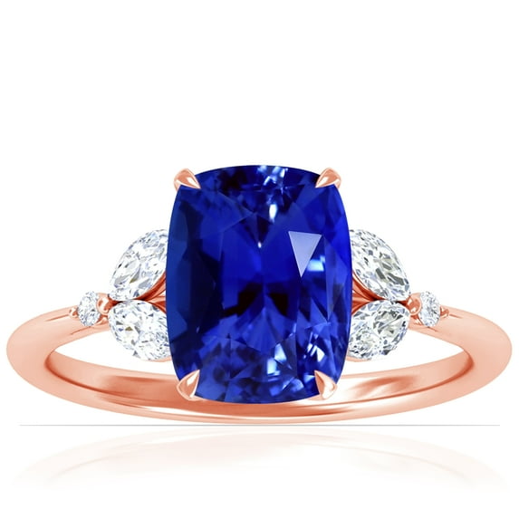 GemsNY September Birthstone - Petite Rectangle Cushion Untreated Blue Sapphire Ring with Round and Marquise Side Diamonds For Women (Grade - AAAAA | 3.68cttw)