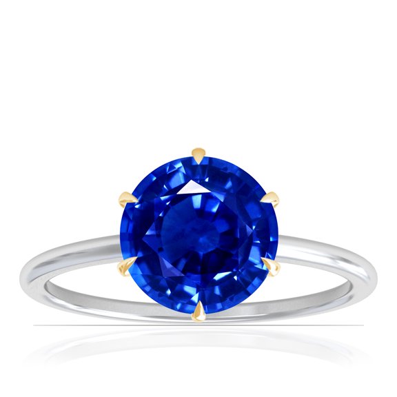 GemsNY September Birthstone - Petite Two Tone Round Blue Sapphire Solitaire Ring (Grade - AAAA | 1.55cts.)