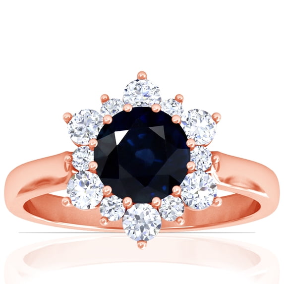 GemsNY September Birthstone - Prong Set Round Blue Sapphire Sunburst Diamond Halo Ring For Women (Grade - A | 1.16cttw)