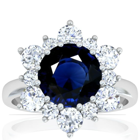 GemsNY September Birthstone - Prong Set Round Blue Sapphire Sunburst Diamond Halo Ring For Women (Grade - AA | 3.35cttw)