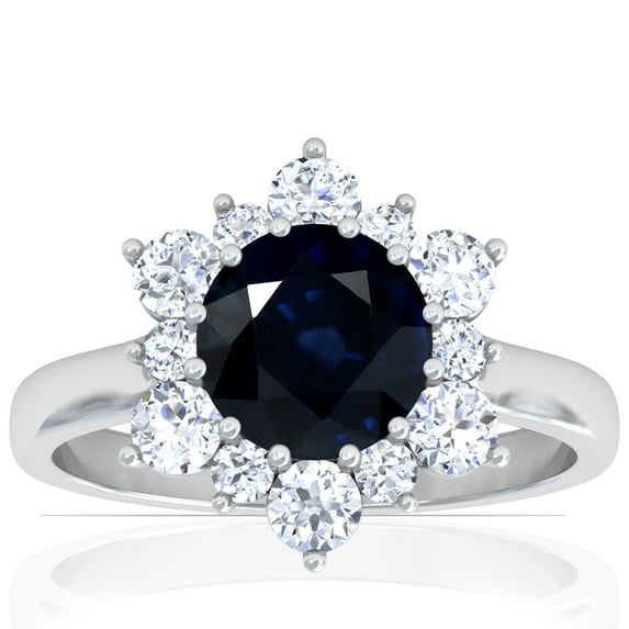 GemsNY September Birthstone - Prong Set Round Blue Sapphire Sunburst Diamond Halo Ring (Grade - A | 1.56cttw)