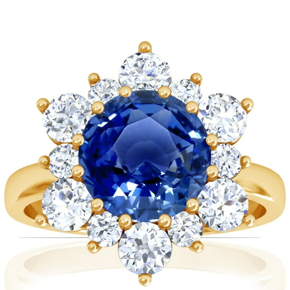 GemsNY September Birthstone - Prong Set Round Blue Sapphire Sunburst Diamond Halo Ring (Grade - AAA | 3.35cttw)